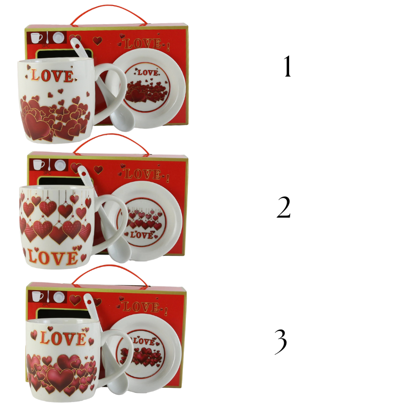 Cana cu farfurie si lingurita din ceramica Love inimioare 20 x 8 x 12 cm modele diferite [2]