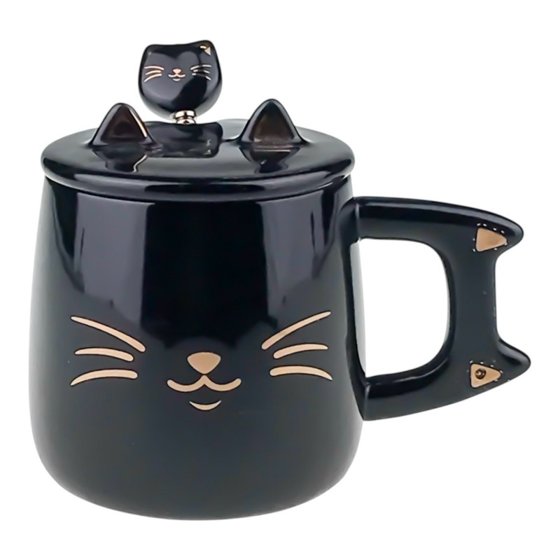 Cana ceramica cu capac si lingurita 9x10 cm Pisica [2]