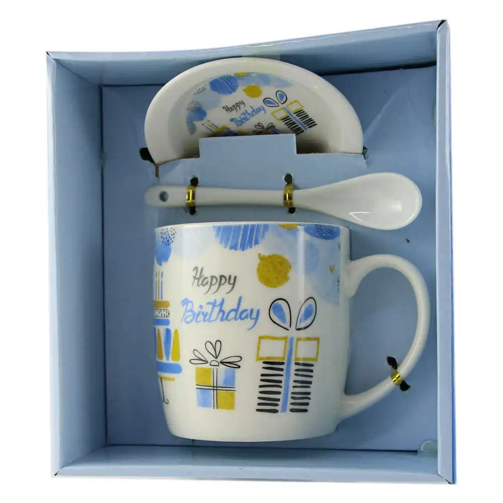 Cana cu farfurie si lingurita din ceramica Happy Birthday Albastru 9 cm modele diferite [6]