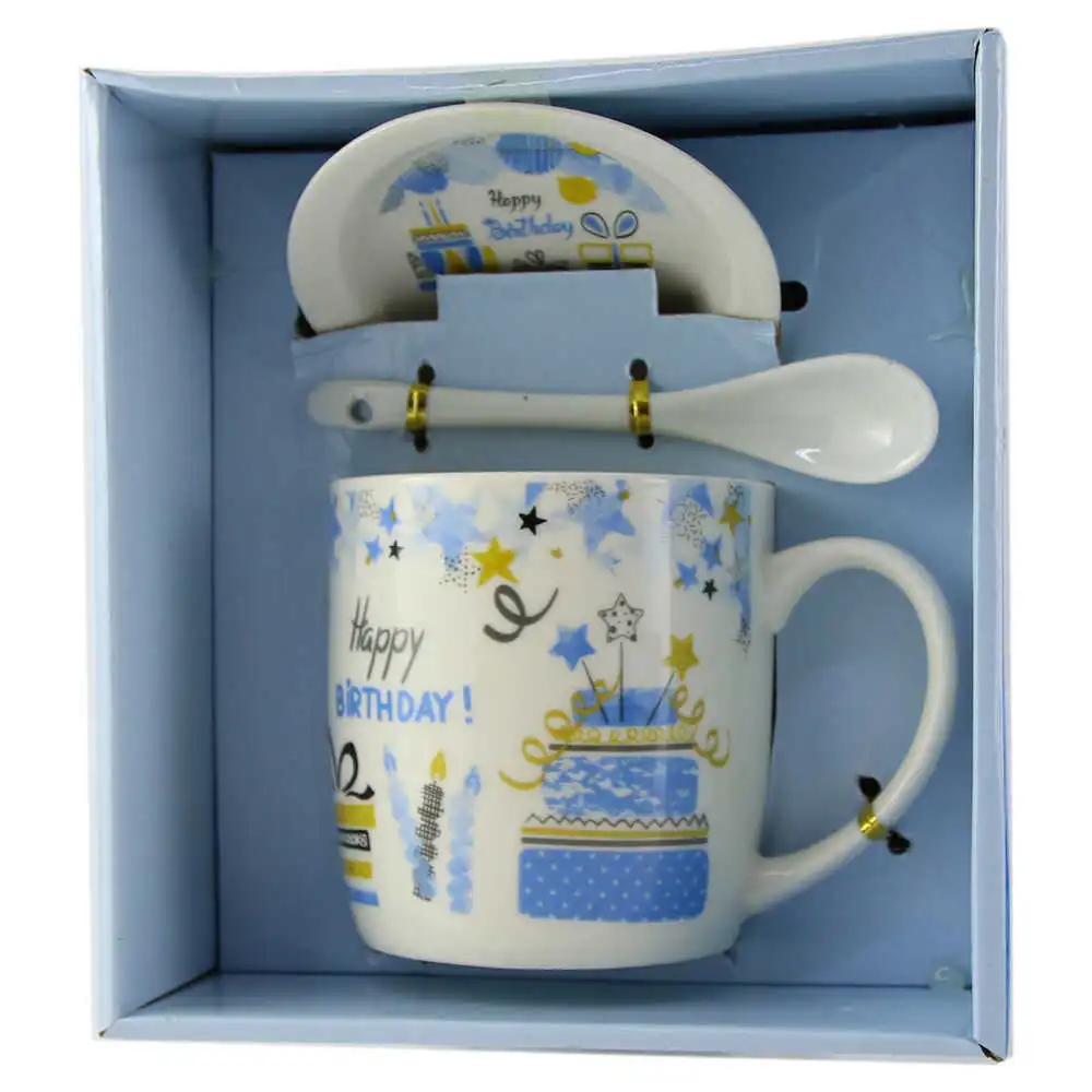 Cana cu farfurie si lingurita din ceramica Happy Birthday Albastru 9 cm modele diferite [3]
