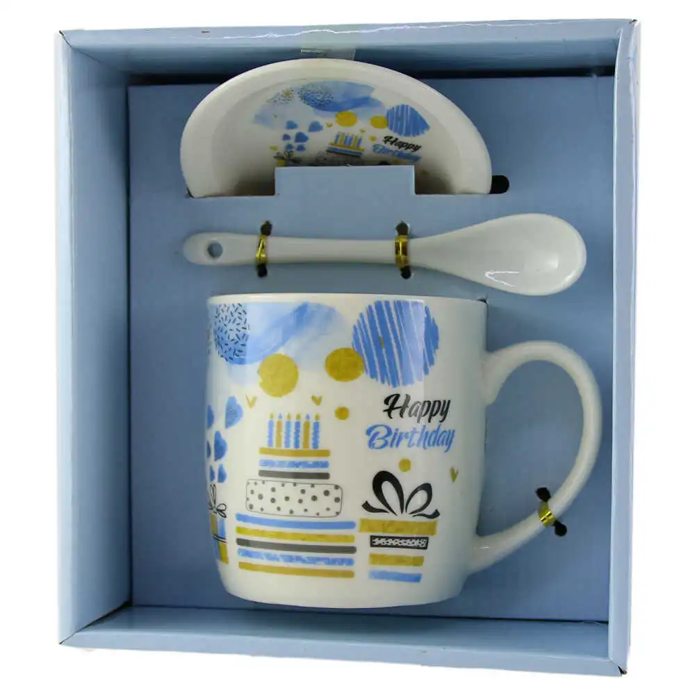 Cana cu farfurie si lingurita din ceramica Happy Birthday Albastru 9 cm modele diferite [5]