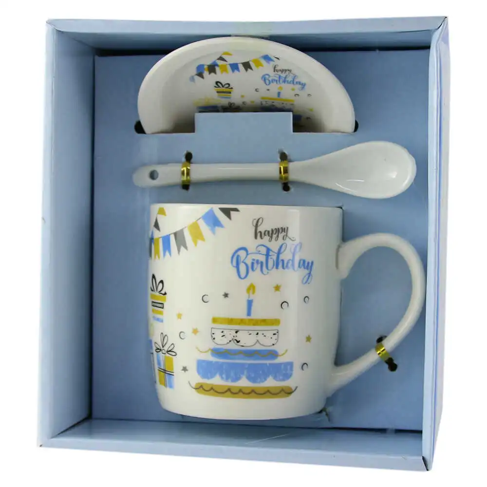 Cana cu farfurie si lingurita din ceramica Happy Birthday Albastru 9 cm modele diferite [4]