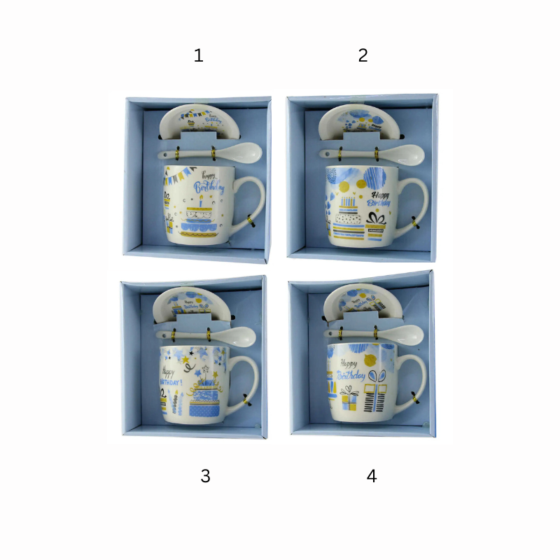 Cana cu farfurie si lingurita din ceramica Happy Birthday Albastru 9 cm modele diferite [2]