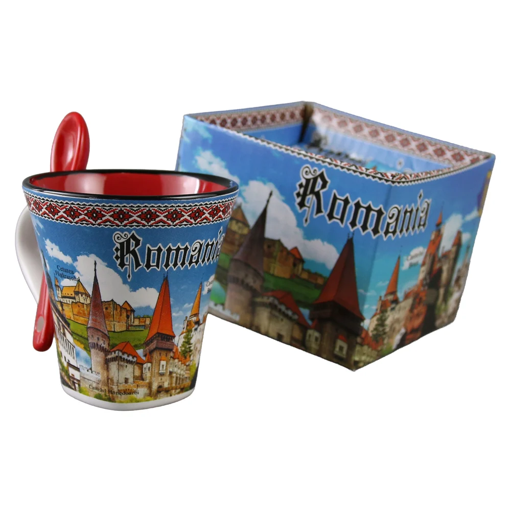 Cana din ceramica cu lingurita Romania fundal albastru 90 ml 9 x 7 x 9 cm culori diferite [4]