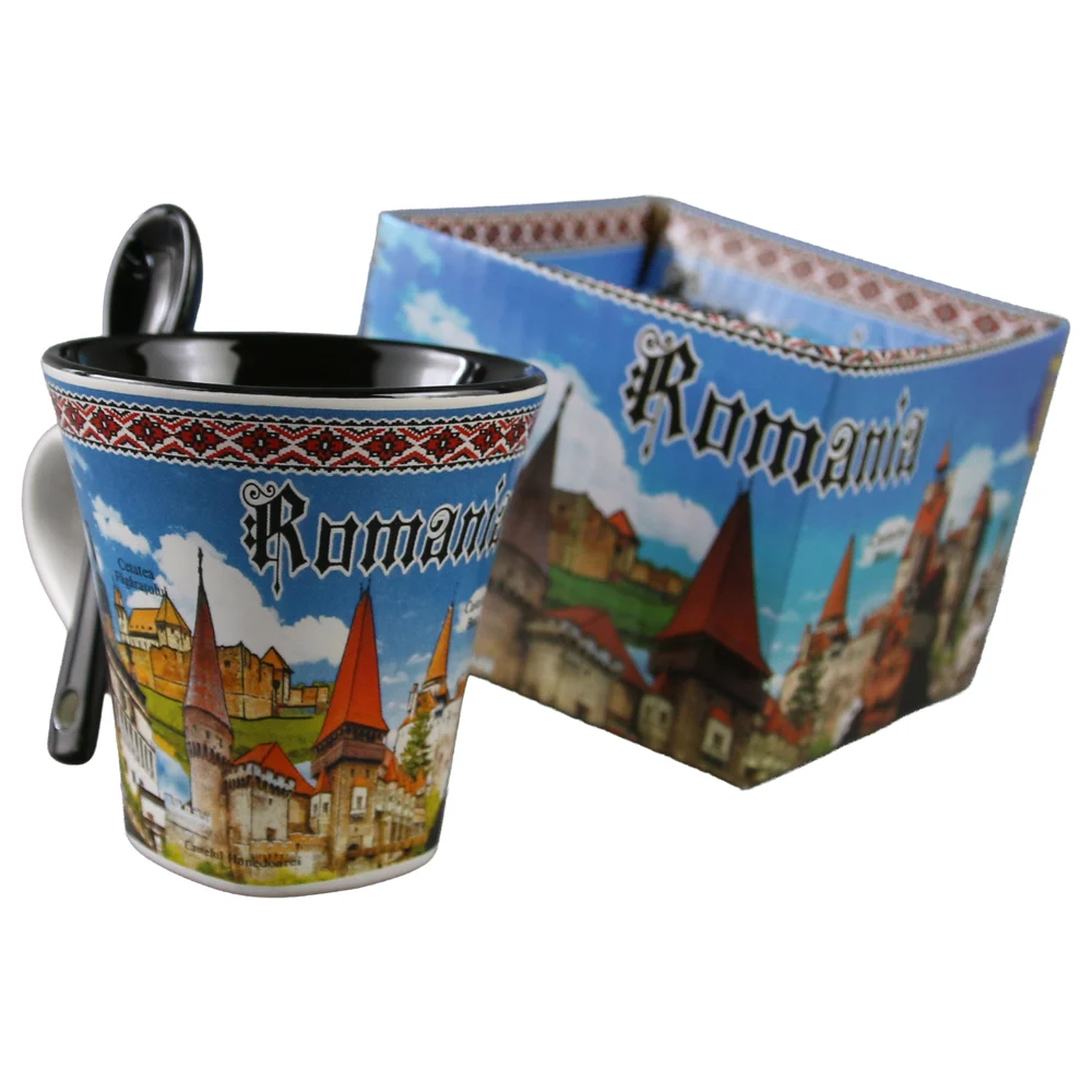 Cana din ceramica cu lingurita Romania fundal albastru 90 ml 9 x 7 x 9 cm culori diferite [5]