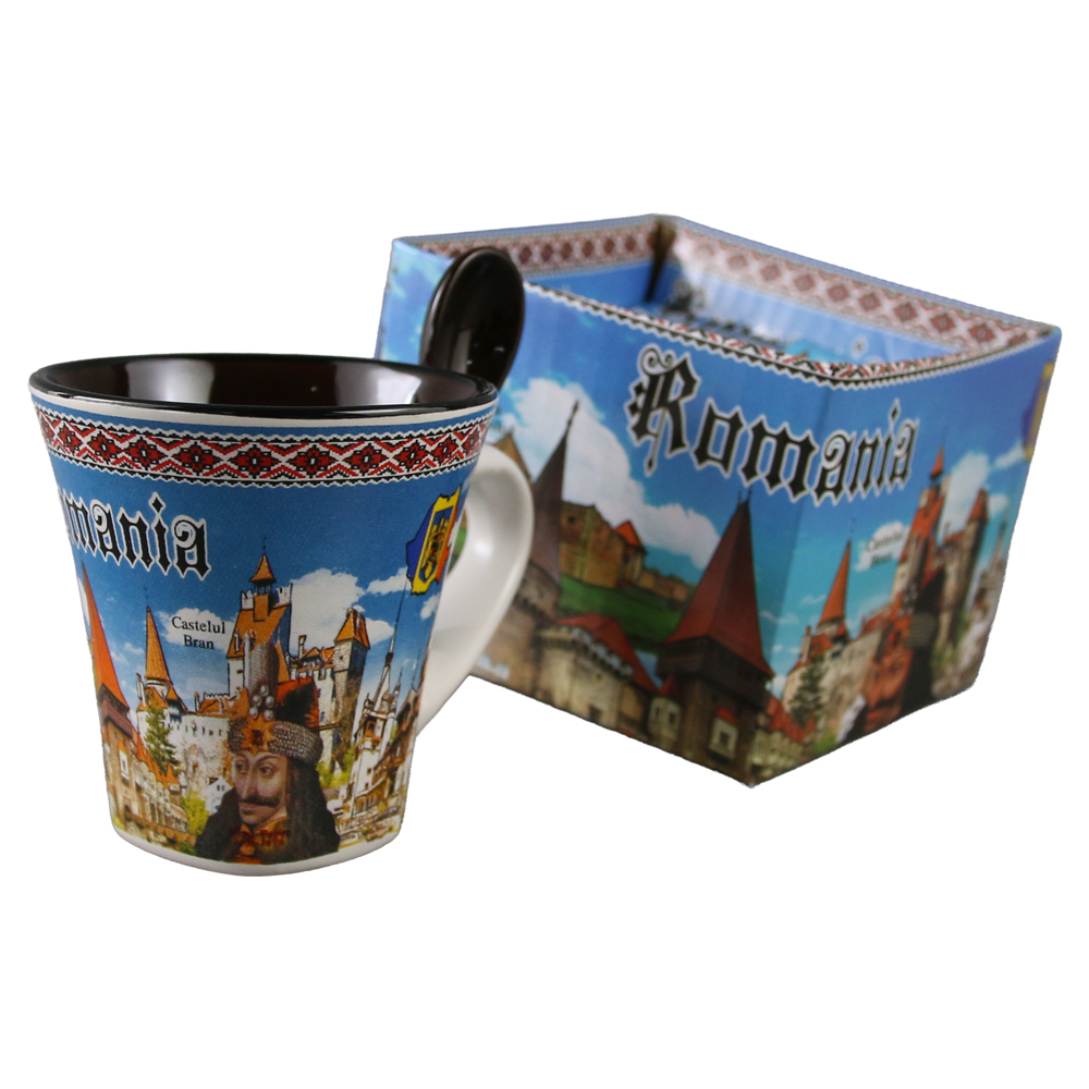 Cana din ceramica cu lingurita Romania fundal albastru 90 ml 9 x 7 x 9 cm culori diferite [3]