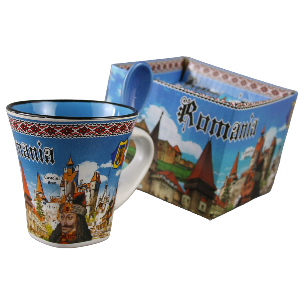 Cana din ceramica cu lingurita Romania fundal albastru 90 ml 9 x 7 x 9 cm culori diferite [2]