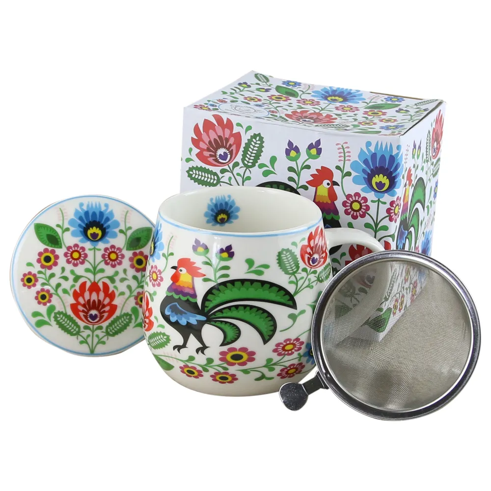 Cana portelan cu infuzor metalic si capac 430 ml Folk Roosters [1]