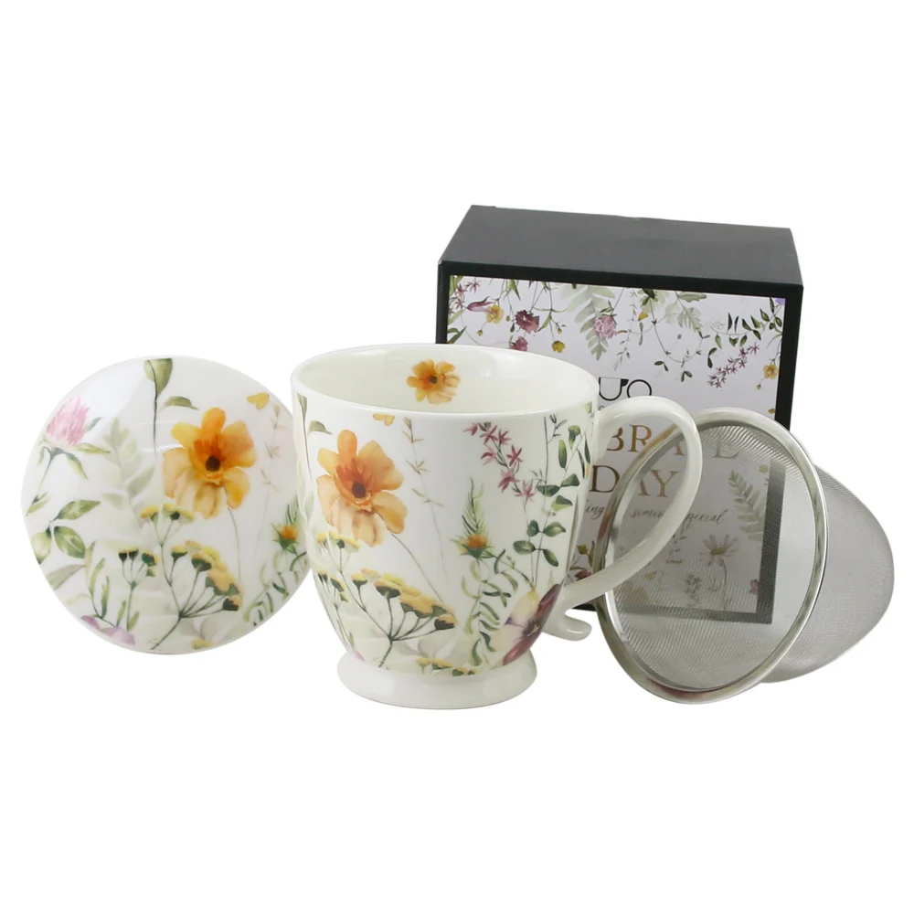 Cana portelan cu infuzor metalic si capac 510 ml Pansy in cutie decorativa [1]