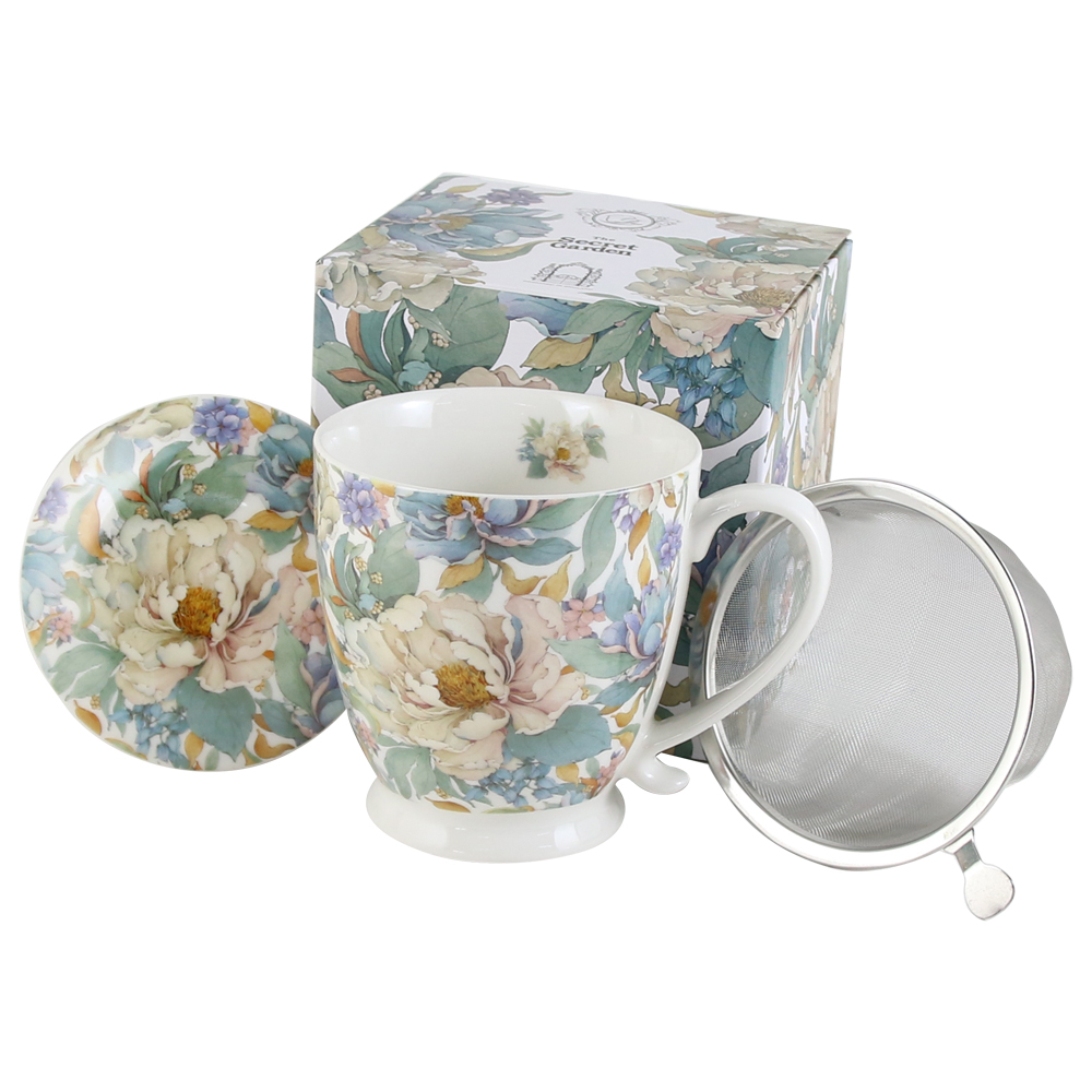 Cana portelan cu infuzor si capac Peony White 510 ml in cutie decorativa [1]