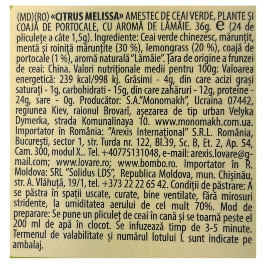 Amestec de ceai verde, plante, coaja de portocala, cu aroma de lamaie Citrus Melissa 24 plicuri x 1.5 g Lovare [5]