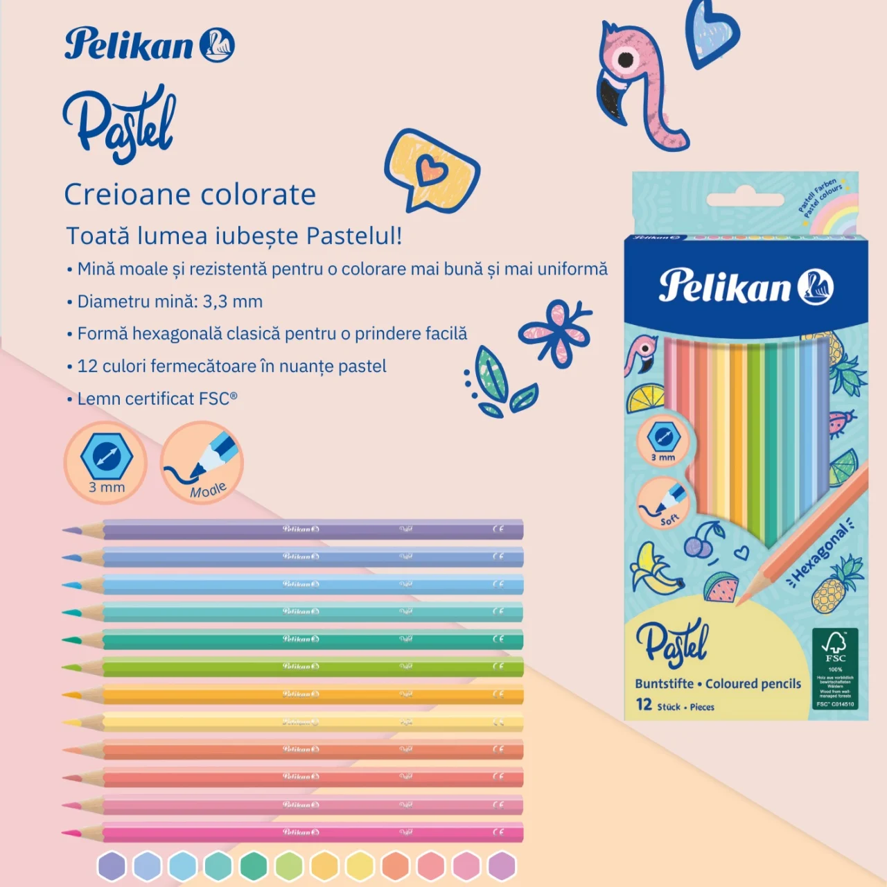 Creioane colorate hexagonale Pastel mina 3.3 mm set 12 culori [3]