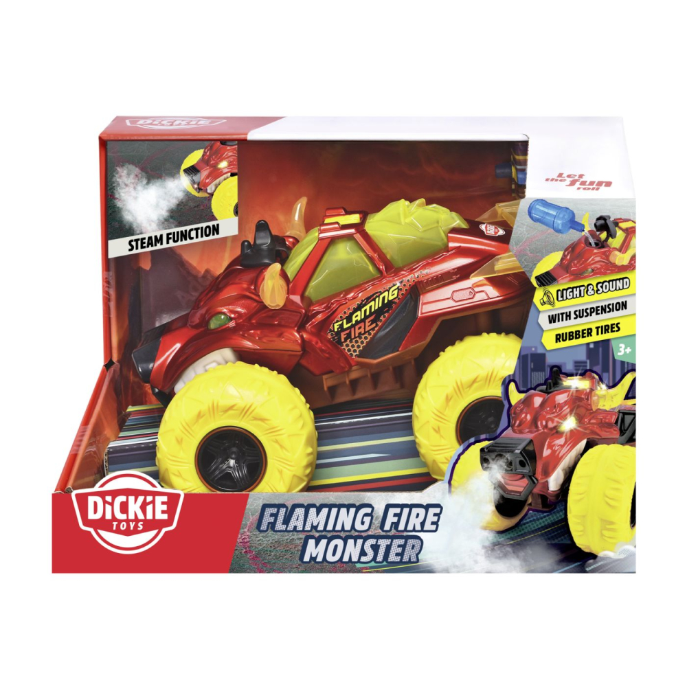 DICKIE MASINA DE TEREN FLAMING FIRE MONSTER CU LUMINI SUNETE SUSPENSII SI FUNCTIE ABUR 25CM [1]