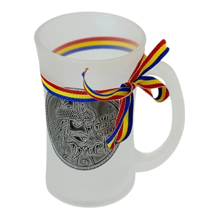 Halba decorativa din sticla mata cu medalion Vlad Tepes si panglica tricolora [3]