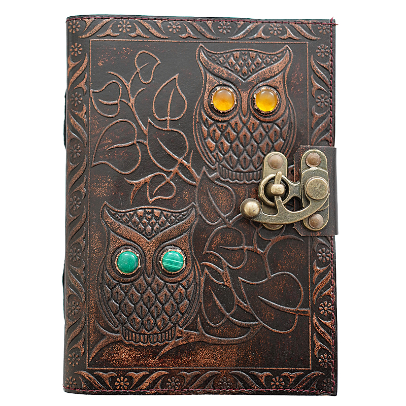 Jurnal vintage Krashell cu bufnițe și pietre decorative copertă piele naturală 17.5 x 12.5 cm [1]