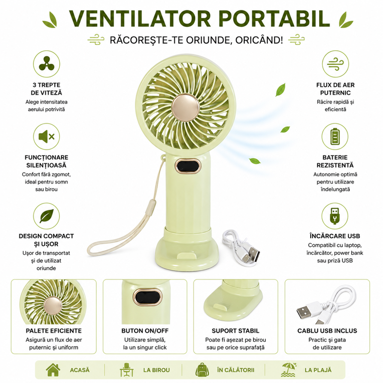 Mini ventilator portabil cu suport  si incarcare USB verde [2]