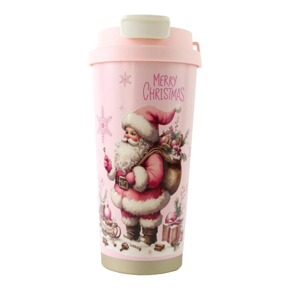 Pahar termos de Craciun 450 ml cu capac Mos Craciun roz modele diverse [6]