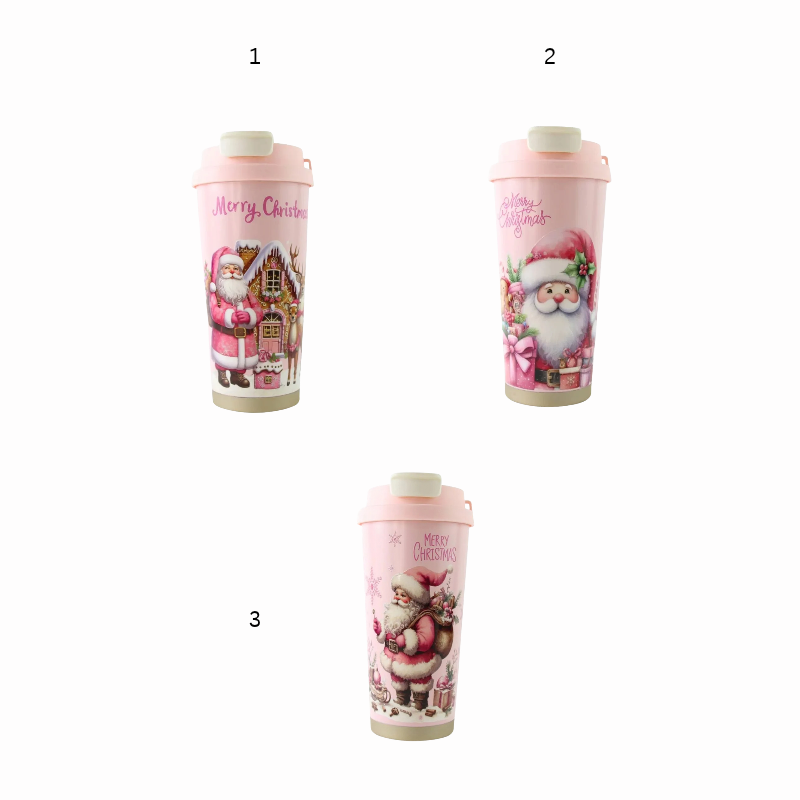 Pahar termos de Craciun 450 ml cu capac Mos Craciun roz modele diverse [2]