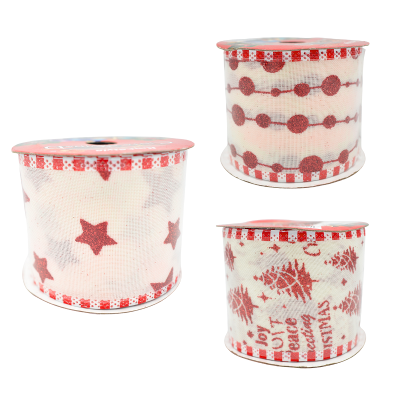 Panglica cadou Craciun 6.3cm x2.75m alb transparent cu rosu [1]