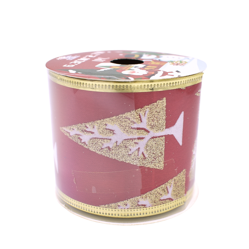 Panglica pentru cadouri Craciun 6.3cm x 2.7m rosu cu brazi aurii [3]