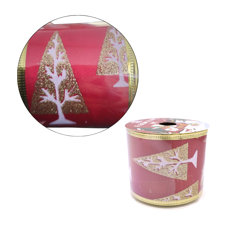 Panglica pentru cadouri Craciun 6.3cm x 2.7m rosu cu brazi aurii [1]