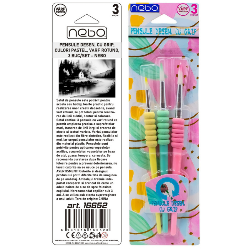 Pensule desen cu grip culori pastel varf rotund 3/set Nebo [2]