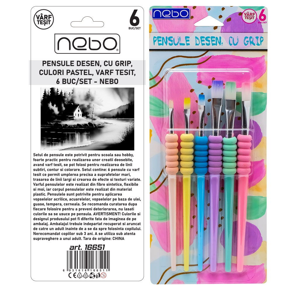 Pensule desen cu grip culori pastel varf tesit 6/set Nebo [2]