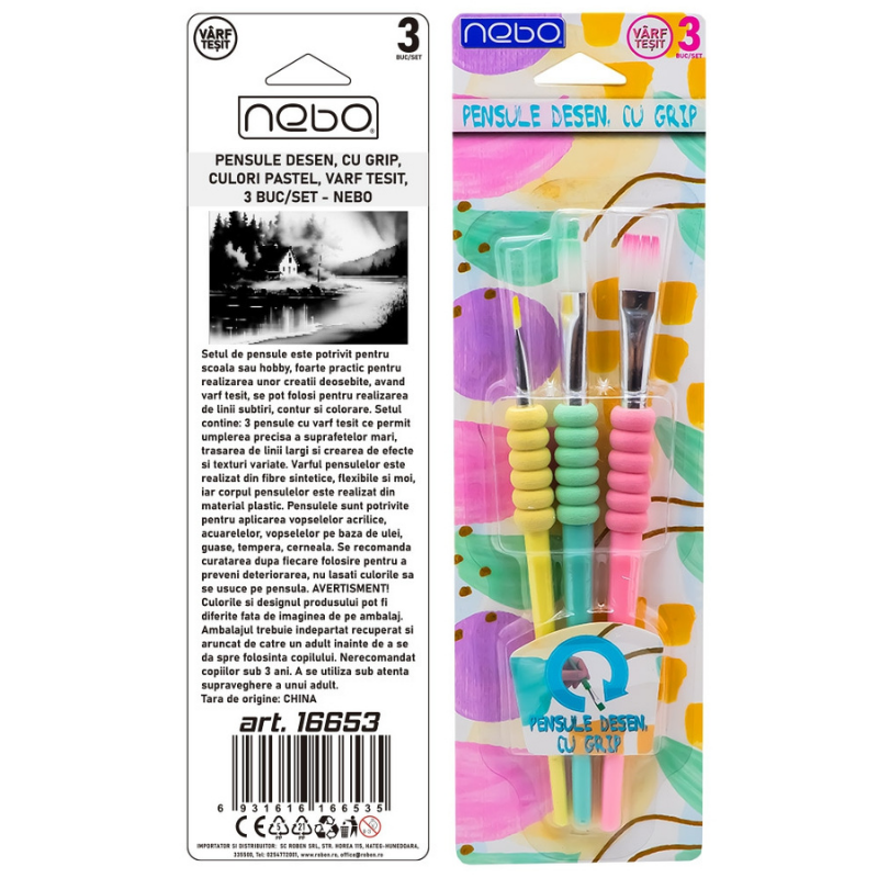 Pensule desen cu grip culori pastel varf tesit 3/set Nebo [2]
