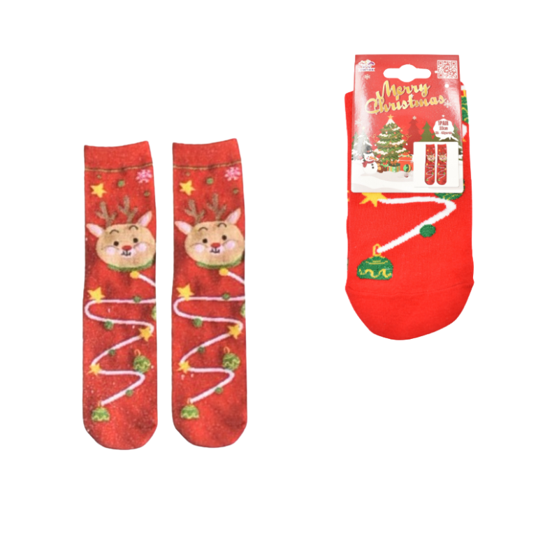 Sosete bumbac Craciun marime 35-43 ren si decoratiuni brad fundal rosu [1]