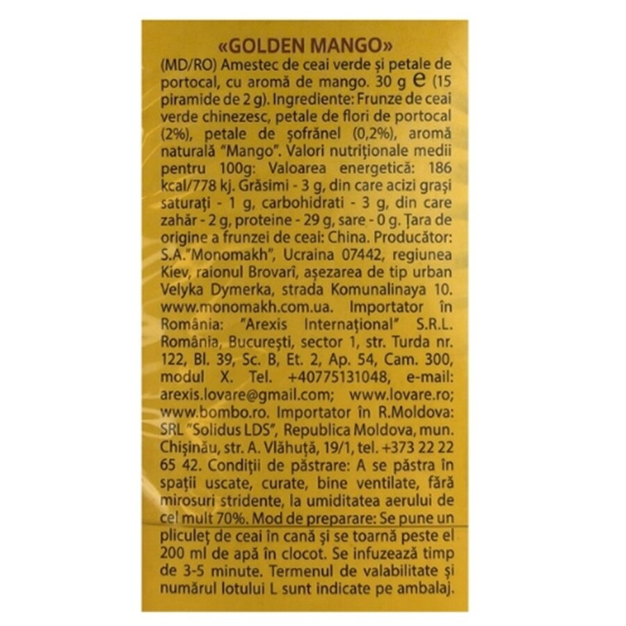 Ameste de ceai verde si petale de flori de portocal, cu aroma de mango Golden Mango 15 plicuri x 2 g Lovare [2]