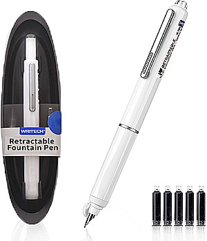 Set stilou retractabil Writech corp alb penita F cerneala albastru 5 rezerve cutie depozitare [1]
