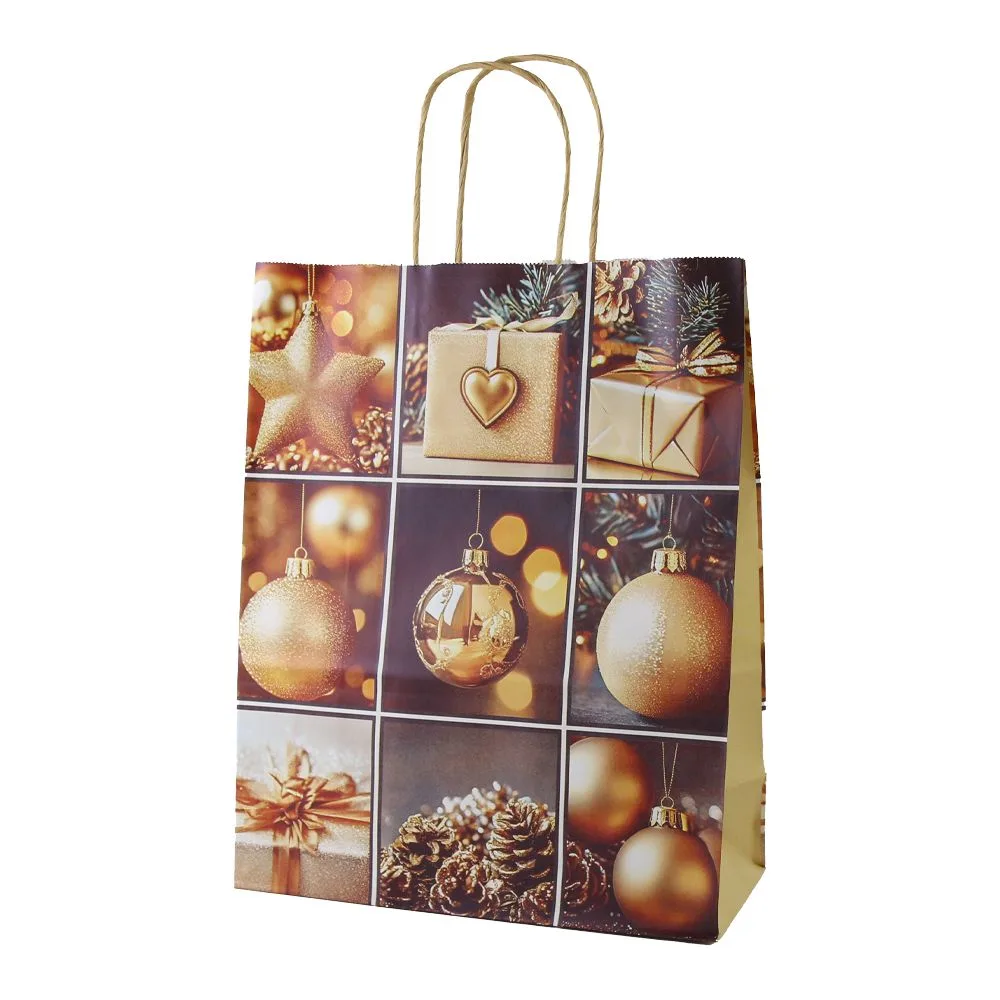 Punga cadou de Craciun din hartie 26 x 12 x 33 cm colaj auriu modele diverse [5]