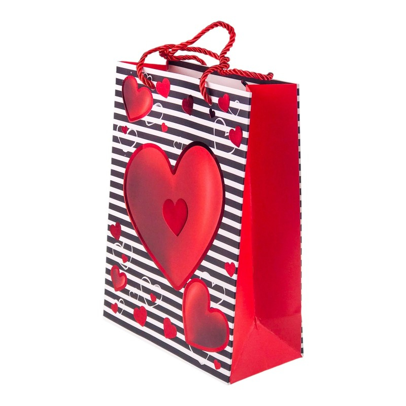 Punga hartie cu inimi si dungi M 26x32 cm [7]