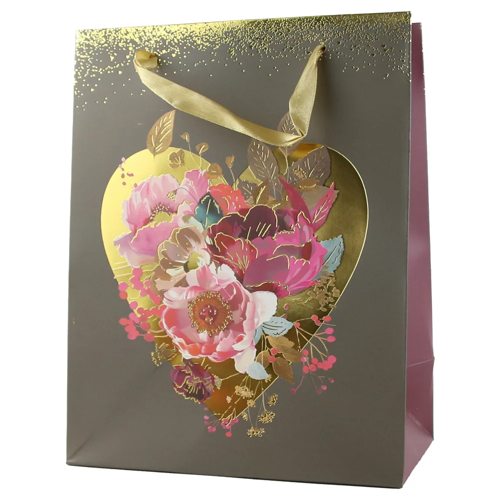 Punga cadou hartie 18x23 cm inima aurie cu flori [1]
