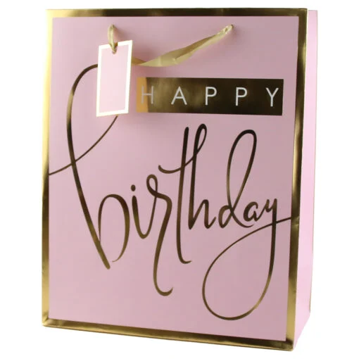 Punga cadou hartie Happy Birthday roz 26x32 cm cu eticheta [1]