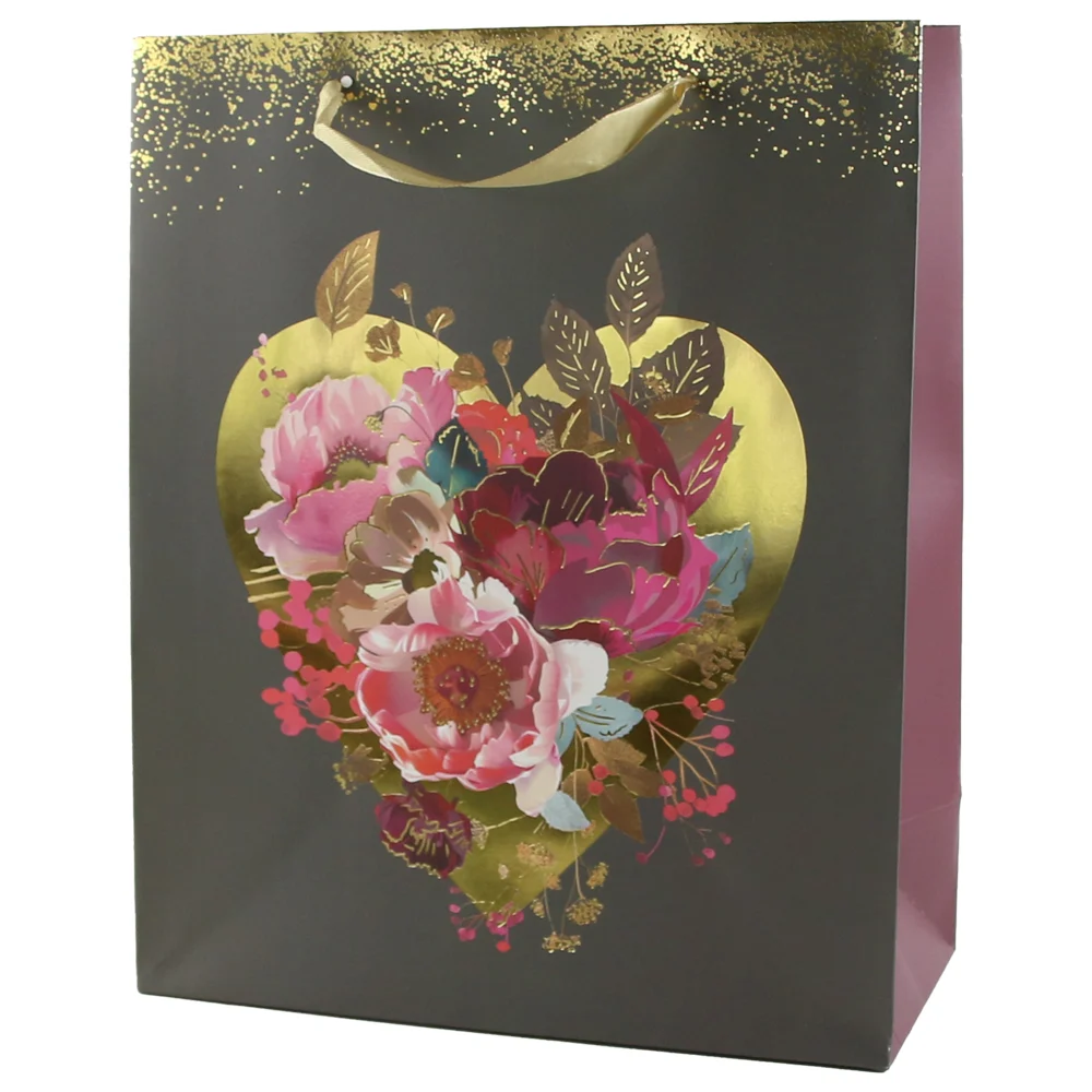 Punga cadou din hartie 26x32 cm Inima aurie cu flori [1]