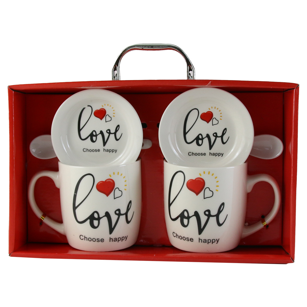 Set 2 cani cu farfurii si lingurita din ceramica 9 cm rosu/alb [4]