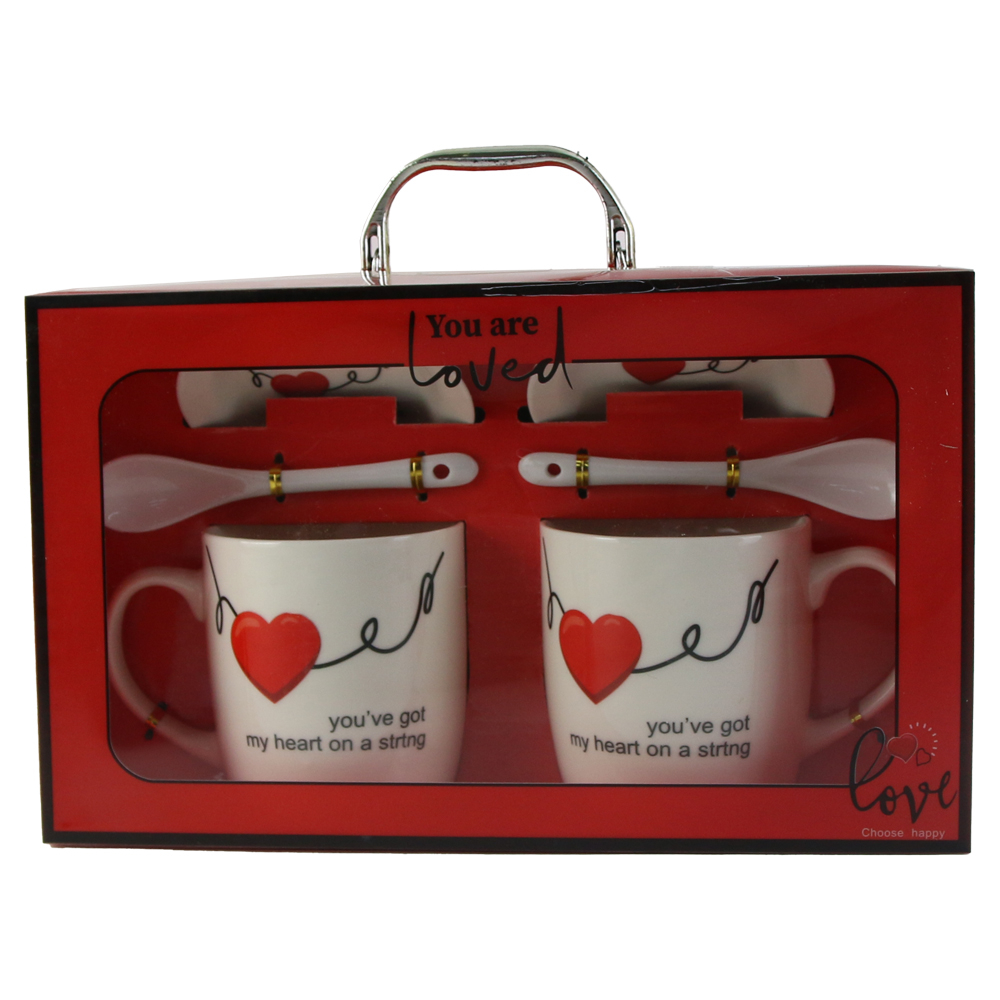 Set 2 cani cu farfurii si lingurita din ceramica 9 cm rosu/alb [5]