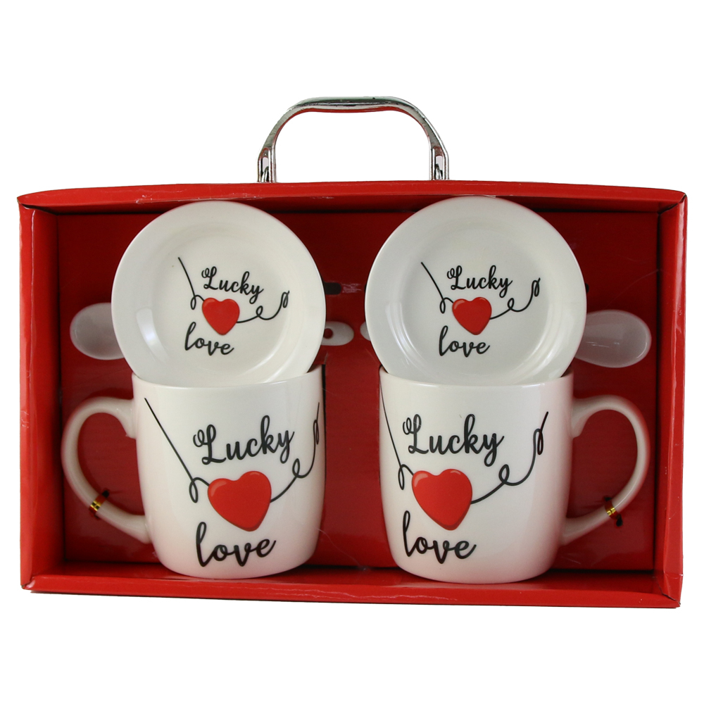 Set 2 cani cu farfurii si lingurita din ceramica 9 cm rosu/alb [3]