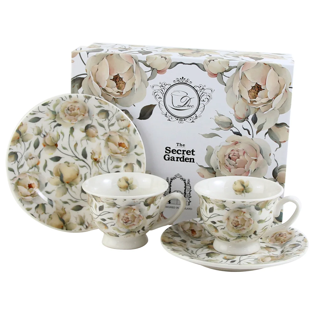 Set 2 cesti cu farfurii, din portelan 100 ml „English White Roses ” [1]