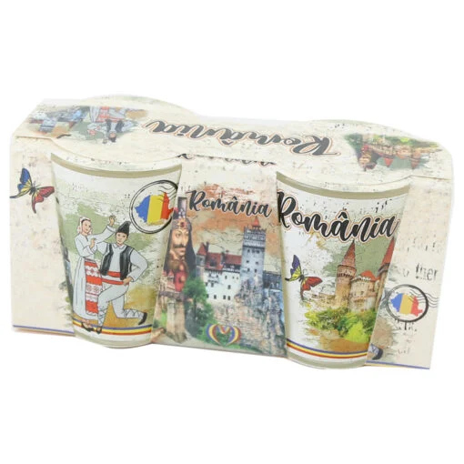Set 2 pahare sticla Romania castele si port traditional 12x5 cm [1]
