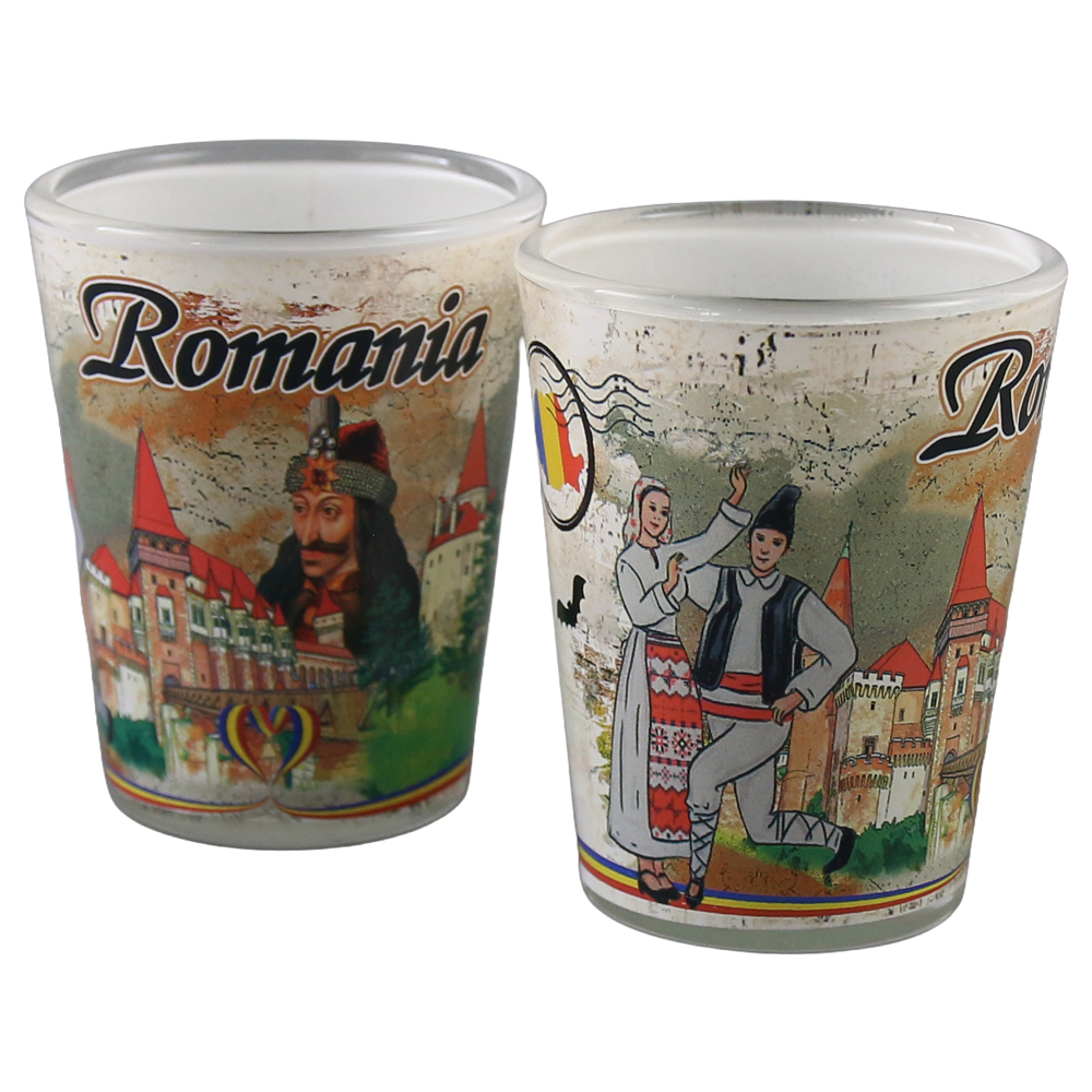 Set 2 pahare tarie din sticla „Romania” Castele/Cuplu in port traditional [2]