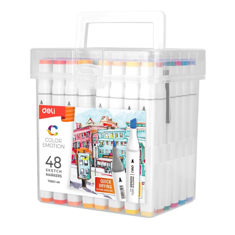 Set 48 markere sketching varf dublu 1mm/7mm cutie plastic Deli [5]