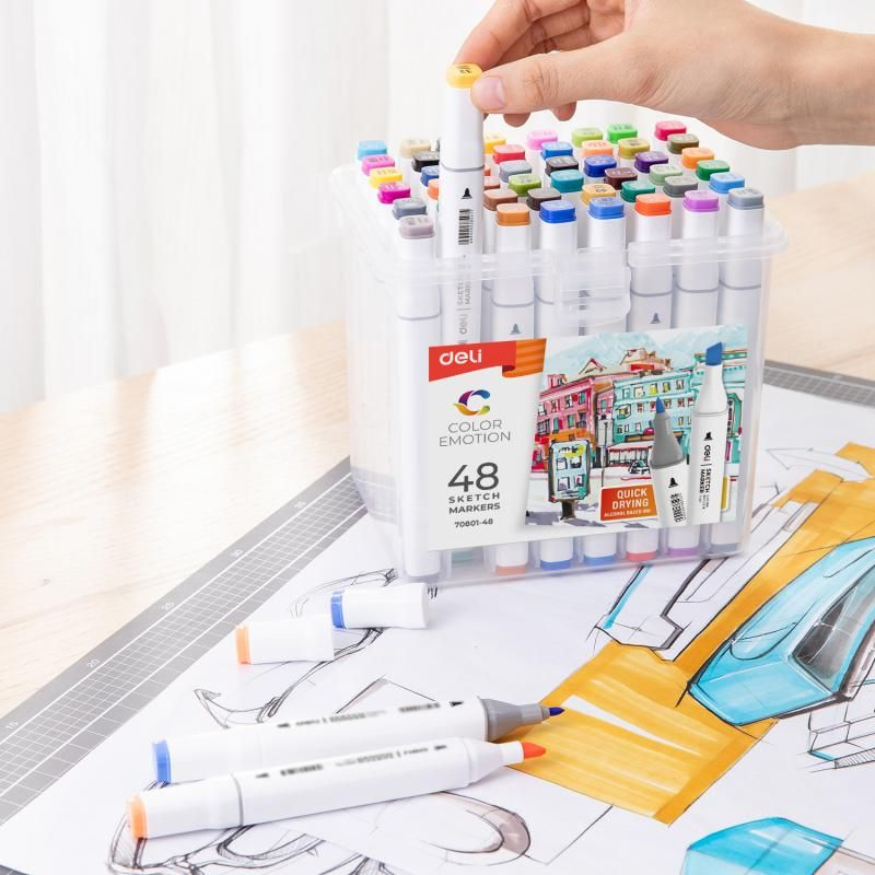 Set 48 markere sketching varf dublu 1mm/7mm cutie plastic Deli [3]