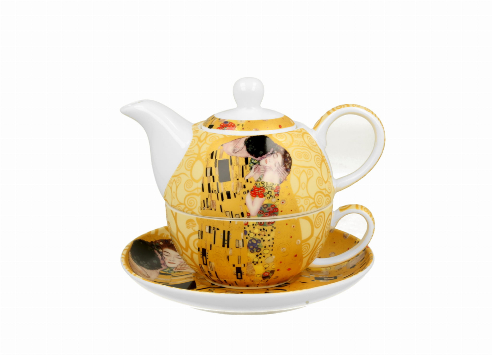 Set ceainic cu ceasca, farfurioara si infuzor metalic The Kiss Ecru de Gustav Klimt 350 ml [2]