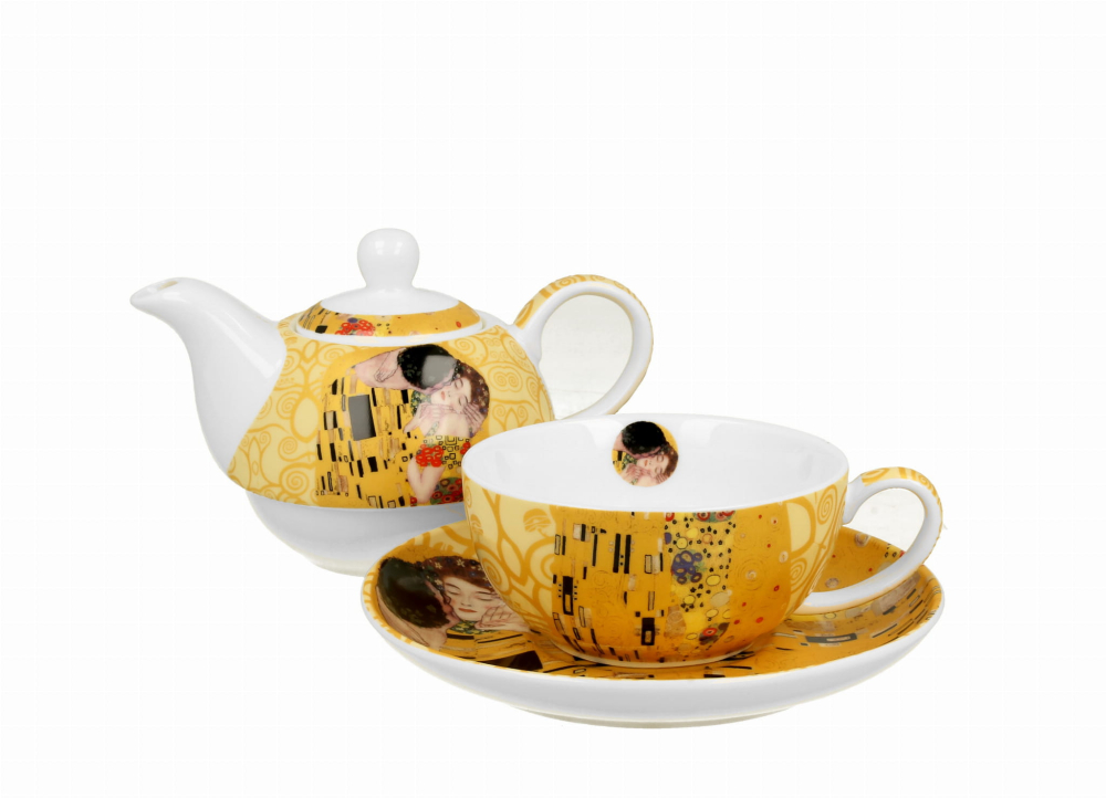 Set ceainic cu ceasca, farfurioara si infuzor metalic The Kiss Ecru de Gustav Klimt 350 ml [3]