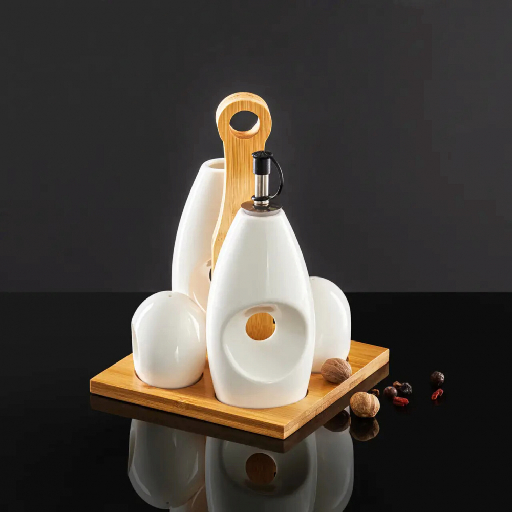 Set condimente 5 piese Natural Ambition suport cu maner portelan/bambus alb [2]