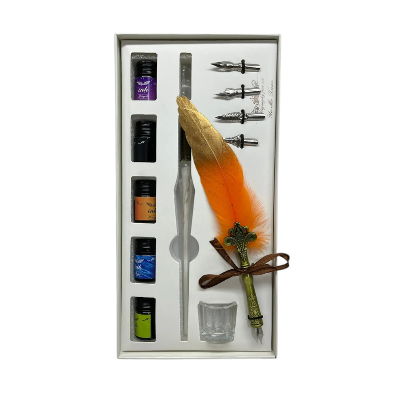 Set stilou decorativ Vintage pana portocalie calimara [3]