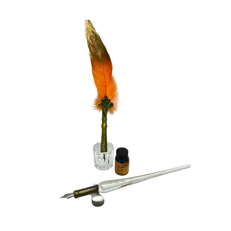 Set stilou decorativ Vintage pana portocalie calimara [1]