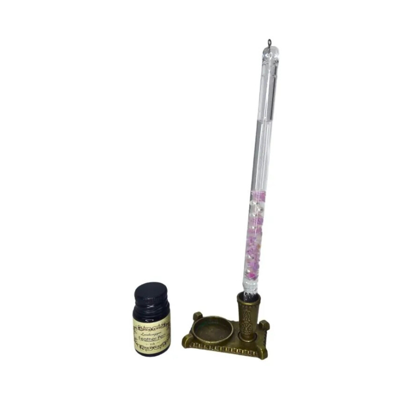 Set stilou caligrafic toc din sticla si cristale roz 2 penite calimara suport Vintage Poem Design [3]